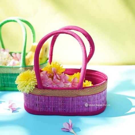 Sturdy and Handy Thamboolam baskets for all occasions. Colorful and rich ones ! - Vibrant Nature Pvt Ltd Reach us @ 9940024372 #koragrassbasket #giftbaskets #marriagereturngifts #returngifts #weddingfavors #weddingreturngifts #thamboolambags #thamboolam Return Gift Basket Ideas, Thamboolam Ideas, Gift Basket Wedding, Return Gifts Indian, Pooja Door, Pooja Door Design, Wedding Gift Pack, Gifts Box, Wedding Planning Decor