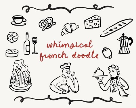 French Cartoon Illustration, Croissant Doodle, French Doodle, Croissant Baguette, Wine Tasting Card, French Cartoons, Cocktail Illustration, Line Doodles, Party Clipart