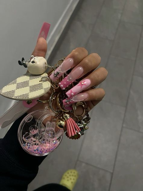 Pink Chrome Heart Nails, Pink Nails With Charms, Pink Pink Nails, Chrome Hearts Nails, Pink French Tip Nails, Xl Nails, Pearl Chrome, Pink French Tip, Pink Pink Pink