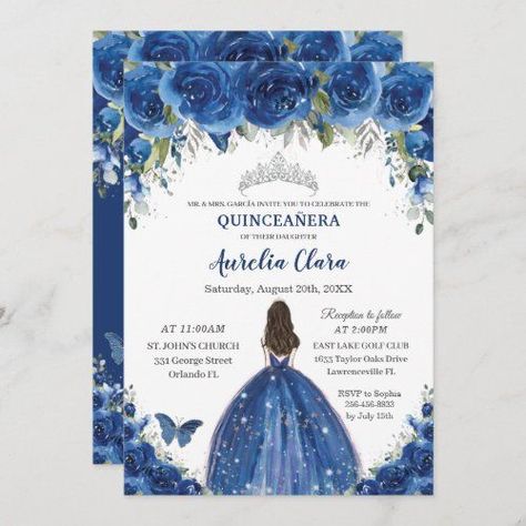 anisamanoban@yahoo.com Quinceañera Royal Blue, Invitations Quinceanera, Princess Invitation, Royal Blue Flowers, Silver Invitation, Dress Quinceanera, Floral Tiara, Princess Birthday Invitations, Princess Invitations