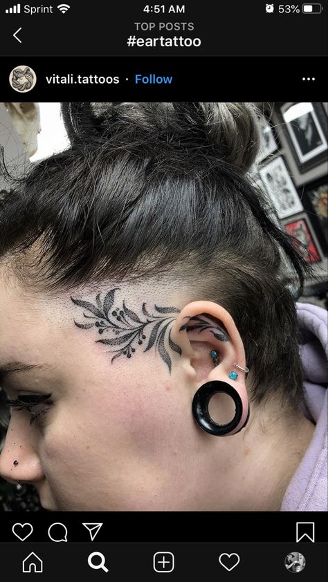 Side If Head Tattoo, Women's Face Tattoo, Side Head Tattoos For Women, Leaf Face Tattoo, Forehead Tattoo Woman Hairline, Side Of The Head Tattoo, Head Tattoos Women Side, Side Burn Tattoos For Women Face, Scalp Tattoo Women