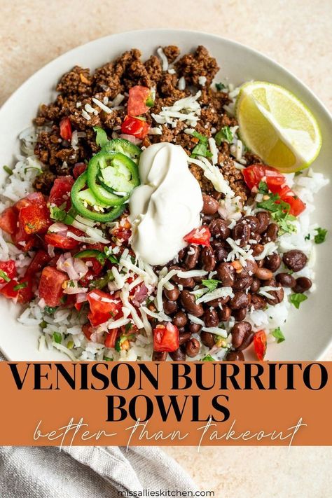 These Venison Burrito Bowls are the perfect way to use up some ground deer meat (or moose, antelope, elk) for a flavorful, easy and healthy meal. These bowls are also great for meal prep and taste even better than takeout. It's like copycat Chipotle with wild game! The homemade cilantro lime rice & pico de gallo are the best! #venison #wildgame #burritobowl #deermeat Deer Meat Recipes Ground, Ground Deer Recipes, Antelope Recipes, Easy Burrito Recipe, Ground Venison Recipes, Elk Recipes, Copycat Chipotle, Deer Recipes, Ground Venison