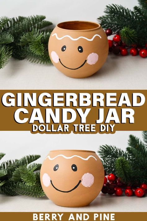 Split vertical image of a painted gingerbread candy dish in front of Christmas greenery with text which reads Gingerbread Candy Jar Dollar Tree DIY. Dollar Tree Gingerbread, Christmas Craft Ideas To Make, Candy Dish Diy, Candy Jars Diy, Dollar Tree Christmas Diy, Craft For Christmas, Dollar Tree Vases, Girls Night Crafts, Diy Christmas Candy