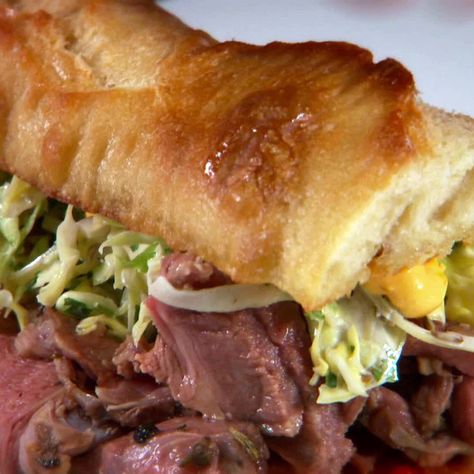 Roasted Leg of Lamb Sandwich from Food Network Lamb Sandwich, Roasted Leg Of Lamb, Roast Lamb Leg, Leg Of Lamb, Slow Cooked Lamb, Sandwich Ingredients, Lamb Roast, Cheese Topping, Best Sandwich