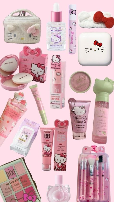 Hello Kitty Items Shops, Hello Kitty Makeup Look, Sanrio Skincare, Hello Kitty Products, Preppy Wishlist, Baddie Stuff, Hello Kitty Room Decor, Hello Kitty Bedroom, Kitty Makeup