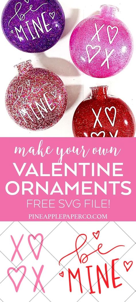 How to Make EASY DIY Glitter Valentine Ornaments - with a FREE Valentine SVG. Quick and simple tutorial by Pineapple Paper Co. #diyornaments #glitterornaments #glittercrafts #craftlightning #valentinecrafts #valentinetree #valentineornaments #easyornaments #diyvalentinesday #glitter Valentines Day Door Decorations, Door Decorations Ideas, Valentines Day Door, Valentine Ornaments, Cards Ideas Handmade, Glitter Ornaments Diy, Easy Ornaments, Valentine Svg Files, Valentine Tree