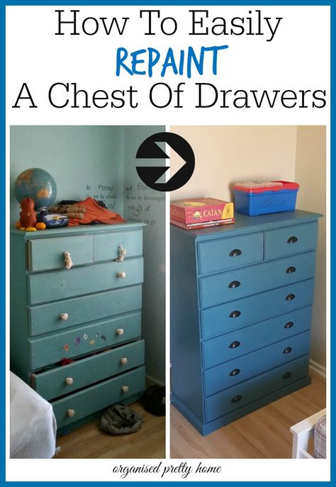 I love how easy it is to change the look of your existing painted furniture by repainting it.  Painted chest of drawers in Fusion Mineral Paint for a shared boys bedroom makeover.  Before and after.  The dresser was originally painted with Annie Sloan Chalk paint.  Simple budget DIY project idea.  - Organised Pretty Home #paintedfurniture #chestofdrawers #kidsfurniture #boysroom #boysbedroom #boysbedroomideas #sharedroom #repaint #repainting #fusionmineralpaint #easydiy #kidsstorage Bedroom Makeover Before And After, Painting Kids Furniture, Chest Of Drawers Makeover, Grey Bedroom Furniture, Boys Bedroom Makeover, Painted Bedroom Furniture, Bedroom Drawers, Dressers Makeover, Kids' Furniture