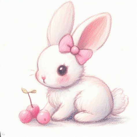 Coquette white bunny with bow, trendy, soft art, kawaii art, cute color pencil sketch, Japanese art, Korean art Cute Drawings Of Rabbits, Cute Animals Aesthetic Drawing, Drawing Cute Rabbit, Cute Drawings Rabbit, Couqutte Aesthetic Drawing, Cute Rabbit Painting, Coquette Animals Painting, Cute Drawings Bunny, Pink Bunny Drawing