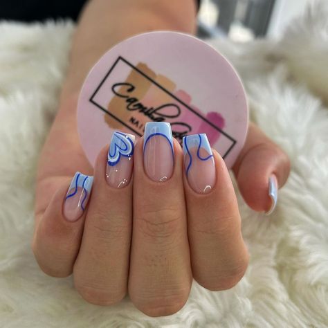 Short Nails Acrylic Light Blue, Square Nails Cute Designs, Acrylic Nails Festival, Cute Party Nails, Normal Acrylic Nails, Cute Festival Nails, Blue Nails Birthday Set, Date Nails Ideas, Cool Nail Inspo Blue