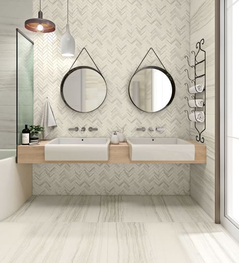 18 by 36 Herringbone Mosaic in White Hanging Vanity, Paint Bathroom, Stone Look Wall, Herringbone Mosaic Tile, Mirrors Black, Bedrosians Tile, Beautiful Bathroom Designs, Bath Inspiration, Bath Tiles