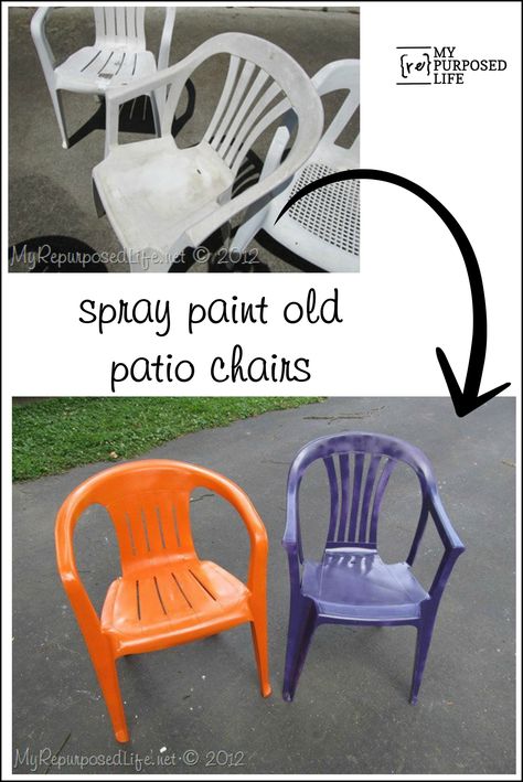 How to spray paint plastic chairs. You know those old white chairs you have? They are pitted and ugly? Easy fix with some colorful spray paint! Spray Paint Plastic Chairs, Painting Plastic Furniture, Painting Old Chairs, Painting Plastic Chairs, Paint For Plastic, Painted Metal Chairs, Spray Paint Chairs, Plastic Patio Furniture, White Plastic Chairs