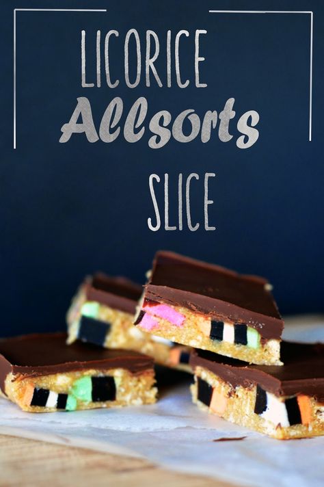 Allsorts of Delicious - licorice allsort slice Liquorice Allsorts, Cake Slice, Drink Ideas, Licorice, Fig, Love It, Sweet Treats, Feathers, Biscuits