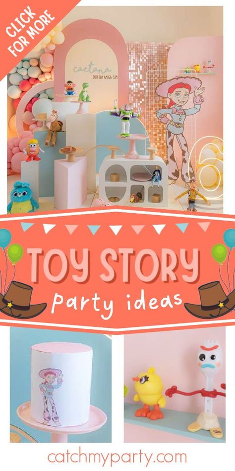 Check out this fun Toy Story party! The party decorations are awesome! See more party ideas and share yours at CatchMyParty.com Pink Toy Story Party, Toy Story Girl Birthday Party Ideas, Toy Story Girl Birthday, Toy Story Birthday Party Ideas Girl, Toy Story Party Ideas, Toy Story Theme, Girls Birthday Party Themes, Second Birthday Ideas, Toy Story Cakes