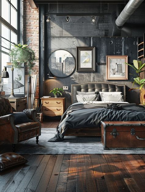 Bedroom Ideas for Men: Industrial Style Decor Inspiration – Bedroom Ideas and Inspirations | Magnolia 119 Industrial Mens Bedroom, Brick Bedroom Wall, Industrial Interior Design Bedroom, Bedroom Industrial Chic, Industrial Style Interior Design, Bachelor Bedroom, Masculine Bedroom Design, Masculine Bedroom Decor, Brick Bedroom