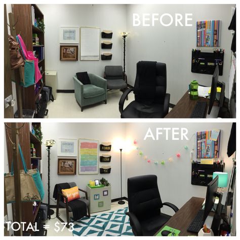 Office makeover on a budget. Boring Office Makeover, Office Decor Simple, Office Makeover On A Budget, Boring Office, School Office Decor, Tiny Office, Work Office Decor, Office Makeover, Simple Budget