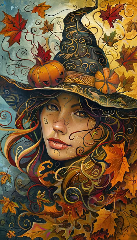 Autumn With in the Breeze Fall Leaves Fall Witch Art, Fall Witch Aesthetic, Nature Witch Wallpaper, Autumn Witch Wallpaper, Autumn Witch Aesthetic, Autumn Goddess Art, Witch Library, Scary Witch Wallpaper, Samhain Aesthetic