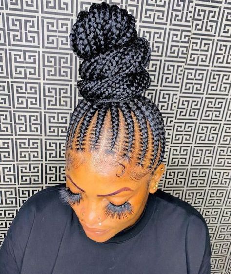 Super High Bun with Stitch Braids Baddie Braid Hairstyles, Braided Bun Black Hair, Braided Updo For Short Hair, Braided Bun Styles, Box Braids Bun, Black Hair Bun, Shiny Black Hair, Bun With Curls, Braided Buns