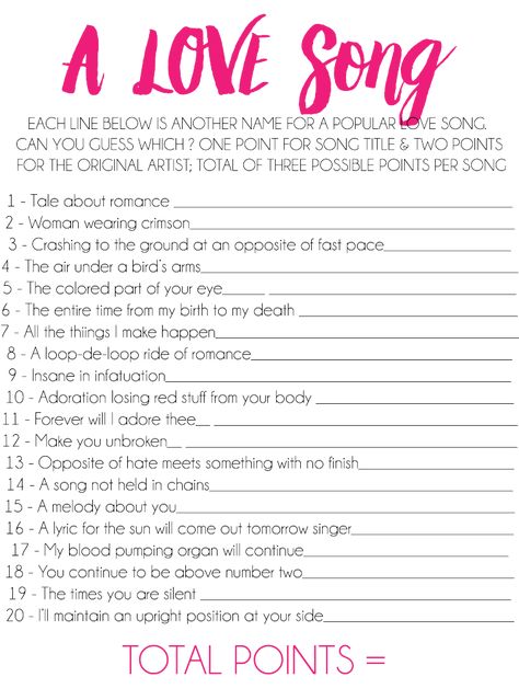 Every bride wants bridal shower games that dont suck! This free printable love song bridal shower game is unique hilarious and best of all - great for large groups or even couples. Its always funny to see who can come up with the real name for things like a loop-de-loop ride of romance. I definitely couldnt come up with answers to all the questions. #bridalshower #bridal #shower #bridal #shower #games #for #large #groups Music Theme Bridal Shower Ideas, Galentines Night, Funny Bridal Shower Gifts, Pep Squad, Music Quiz, Relationship Journal, Modern Baby Shower Games, Bohemian Bridal Shower, Funny Baby Shower Games