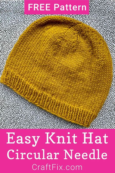 Knit Hats On Circular Needles, Easy Knit Hat Circular Needles, Size 7 Knitting Needle Patterns, Beginner Knitted Hat Patterns Free, Knitted Beanie Pattern Free Beginner, Ladies Beanies Knitted, Double Knit Hats Free Pattern, Knit Hat On Circular Needles, Knitting A Hat In The Round