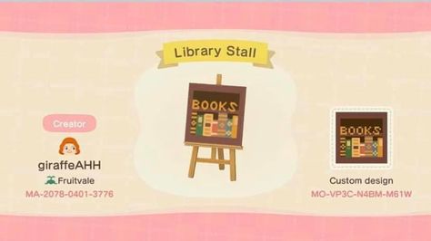 Library Signs, Acnh Design, Happy Home Designer, Qr Codes Animal Crossing, Book Creator, Stall Designs, New Animal Crossing, Island Design, Animal Crossing Qr