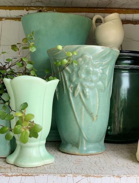 Staging Antiques, March Decor, Planter Collection, Turquoise Pottery, Vintage Pottery Planters, Pretty Pottery, Mint Green Flowers, Cottage Style Interiors, Vintage Flower Pots