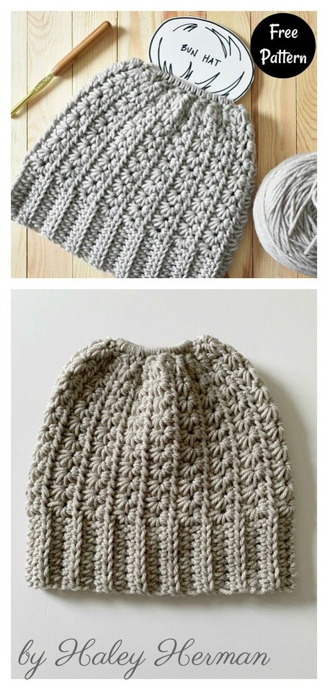 Star Stitch Bun Hat Free Crochet Pattern Stitch Bun, Crochet Messy Bun Hat Pattern Free, Messy Bun Beanie Crochet Pattern, Crochet Ponytail Beanie, Crochet Ponytail Hat, Crochet Ponytail Hat Pattern, Crochet Hats Free Pattern Ladies, Messy Bun Hat Crochet Pattern, Ponytail Hat Pattern