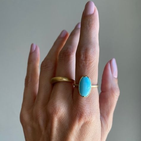 18k & Elongated Oval Persian Turquoise Ring by Gabriella Kiss & 22k Ring by Ted Muehling #tedmuehling #futureheirlooms #augustla 22k Ring, Ted Muehling, Persian Turquoise Ring, Gabriella Kiss, Elongated Oval, Persian Turquoise, Favorite Things Gift, Jewelry Stores, Turquoise Ring