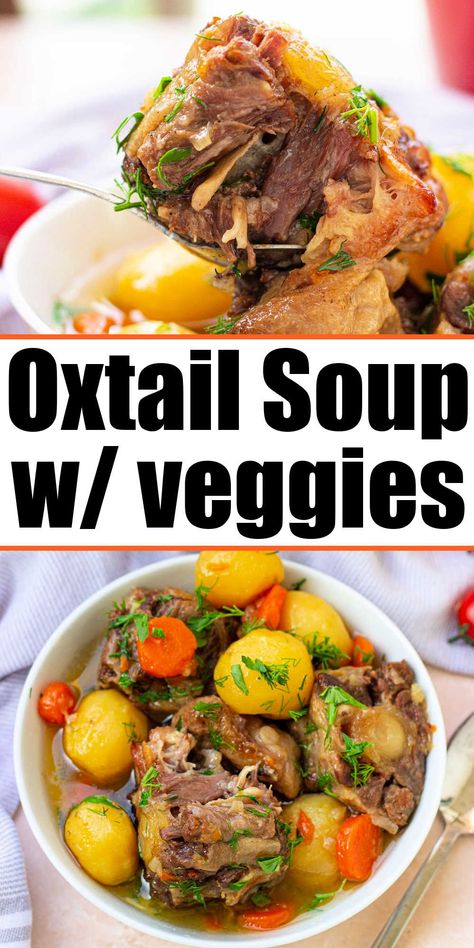 Ox Tail soup and potatoes with carrots and other vegetables on the stove in a Dutch Oven is delicious and a healthy dinner that's family friendly. Ox Tail Recipe Soup, Soup With Potatoes And Carrots, Oxtail Recipes Crockpot, Soup With Potatoes, Ox Tail, Oxtail Soup, Oxtail Recipes, Potatoes And Carrots, Beef Soup Recipes