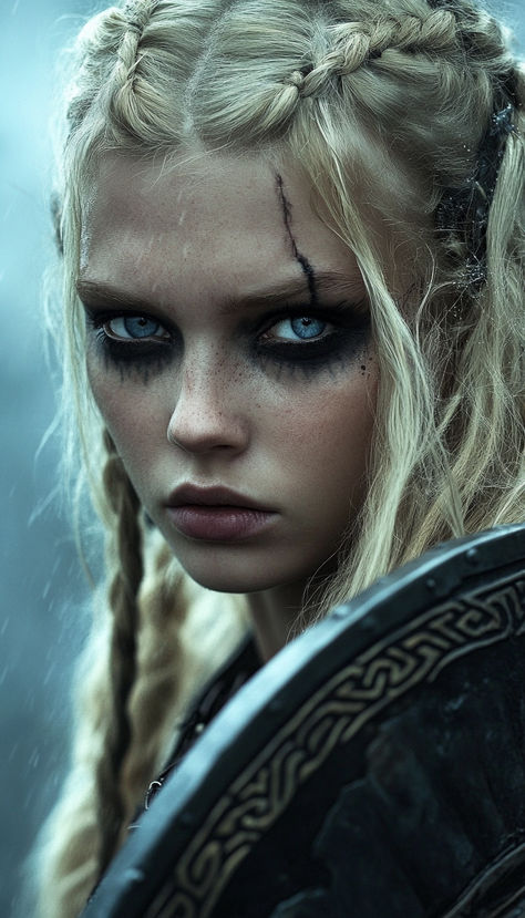 Viking Warrior Shield Maiden with striking blue eyes Simple Viking Makeup Women, Warrior Queen Makeup, Viking Queen Makeup, Shield Maiden Makeup, Slavic Braids, Female Viking Warrior, Viking Halloween, Ppl References, Viking Halloween Costume