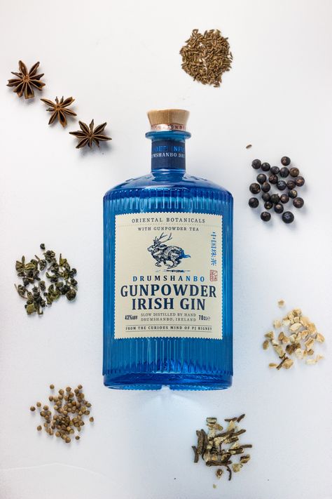 DRUMSHANBO GUNPOWDER IRISH GIN - Oriental Botanicals,  Gunpowder Tea & Irish Curiosity .   Gin with a fresh citrus taste and spicy notes of oriental botanicals. Perfect served with tonic and a slice of lemon. Liquor Photoshoot, Irish Town, Branding Portfolio, Gin Bottles, Candle Packaging, Pop Pop, Packaging Ideas, Photoshoot Ideas, The Ordinary