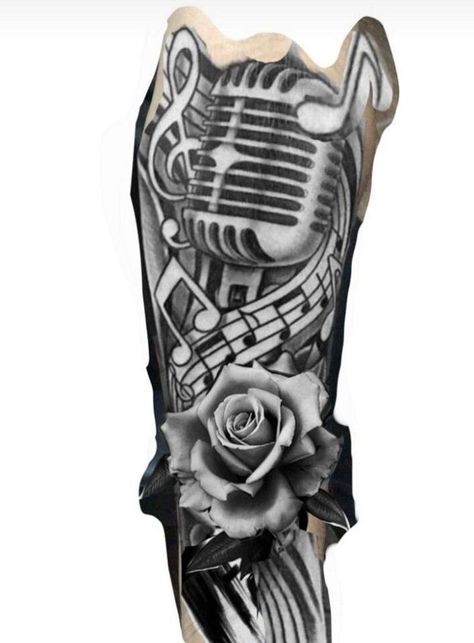 Microphone Tattoo Stencil, Music Tattoo Designs Men, Music Rose Tattoo, Music Tattoos Men, Music Tattoos For Men, Country Music Tattoos, Trible Tattoos, Microphone Tattoo, Calf Tattoo Men