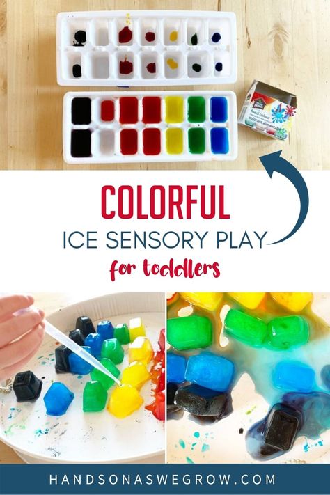 Water, food coloring, ice cube tray and eye droppers is all you will need to make your own rainbow ice sensory play activity to keep toddlers and preschoolers busy. Coloured Ice Cubes Sensory Play, Food Coloring Activities For Toddlers, Colours Activities For Toddlers, Colours Activity For Preschool, Colour Activities For Toddlers, Ice Sensory Play, Ice Activities, Sensory Play For Toddlers, Colour Activities