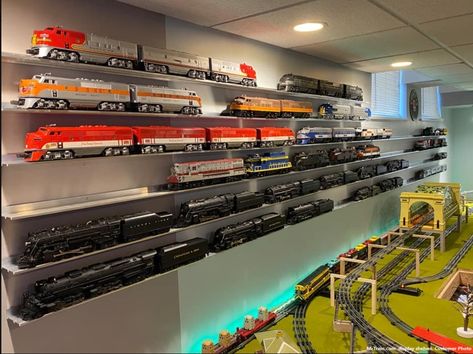 Thursday is one day closer to "Train Time Weekend". We love 😍 customer photos. MrTrain.com train shelves look even better with an awesome collection sitting on them. Order your S, HO or O gauge train shelves to make a statement on your walls! #trains #displayshelves #modeltrains #modelrailroad #toytrains #lioneltrains #americanflyer #oscaletrains #oscale #hoscale #hoscaletrains #ogauge #ogaugetrains #customer #gifts #hobby #hobbyshop #railroad #railroadphotography #trainhobby #hobbyworld #hob... Train Table Layout, Toy Train Layouts, Lionel Train Sets, Train Display, Model Train Table, Old Train Station, Train Room, Tool Storage Diy, Ho Scale Trains