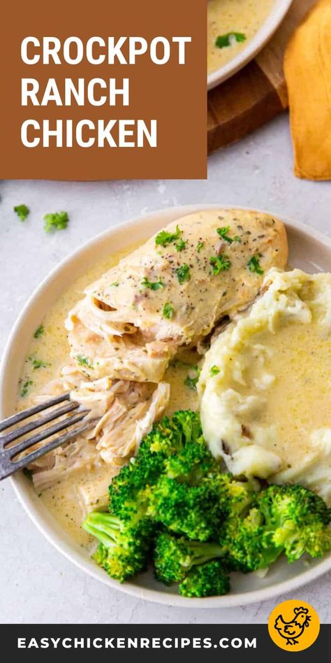 Creamy and flavorful, this 4 ingredient Crockpot ranch chicken recipe is my favorite dump-and-go dinner! All I have to do is throw some chicken breasts, a packet of ranch, a can of cream of chicken soup, and some butter into my slow cooker, and let it do its thing. Talk about an easy and delicious family meal! Dinner Recipes With Ranch Seasoning, Chicken Ranch Recipes Crock Pots, Chicken In The Crockpot Boneless, Easy Ranch Chicken Recipes, Chicken And Ranch Recipes, Quick Crockpot Recipes 2 Hours Chicken, Crockpot Chicken Ranch Recipes, Healthy Chicken Breast Crockpot Recipes, Chicken With Ranch Packet