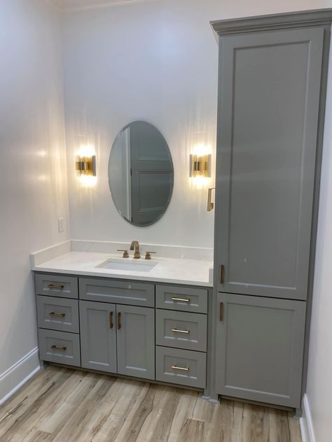 Gray Tone Bathroom Ideas, Single Sink Bathroom Vanity With Linen Cabinet, Bathroom Remodel With Storage, Bathroom Cabinets Organization, Drawer Vanity Bathroom, Bathroom Vanity With Tall Side Cabinet, Custom Cabinets Bathroom, Bathroom Vanity With Cabinet, Bathroom Redecorating