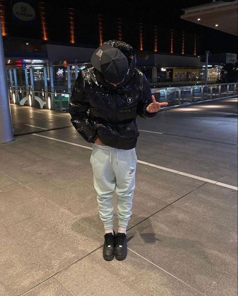 Trapstar Jacket Outfit, Drip Poses Men, Shiny Jacket Outfit, Roadman Drip, Black Air Force 1 Outfit Men, Drip Jacket, Black Air Force 1 Outfit, Trapstar Drip, Roadman Style