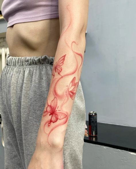 Tattoo Ideas Wrap Around Arm, Red Ink Dragon Tattoo Arm, Red Leg Tattoos Women, Red Tattoos For Women Arm, Red Fineline Tattoo, Arm Wrap Around Tattoo, Around The Arm Tattoo, Dragon Wrapped Around Arm Tattoo, Red Tattoo Sleeve