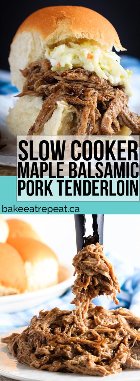 This tender maple balsamic pork tenderloin takes just minutes to get into the slow cooker and is amazing piled onto a soft roll for an easy dinner! Balsamic Pork Tenderloin, Balsamic Pork Tenderloins, Slow Cooker Pork Tenderloin, Roast Beef Sandwich, Balsamic Pork, Maple Balsamic, Pork Tenderloin Recipes, Slow Cooker Pork, Crockpot Recipes Slow Cooker