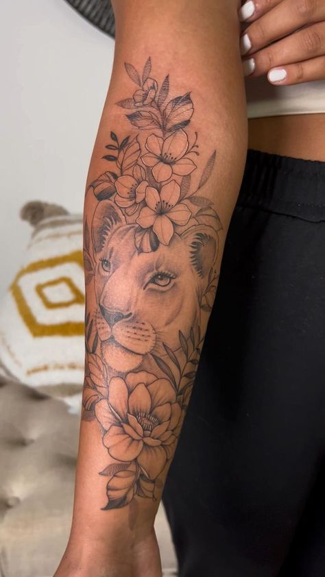 Colored Lion Tattoo For Women, Lion Arm Tattoo Women, Tattoos Ideas Female, Female Lion Tattoo, Unique Half Sleeve Tattoos, Underarm Tattoo, Lower Arm Tattoos, Arm Sleeve Tattoos For Women, Unique Tattoos For Women