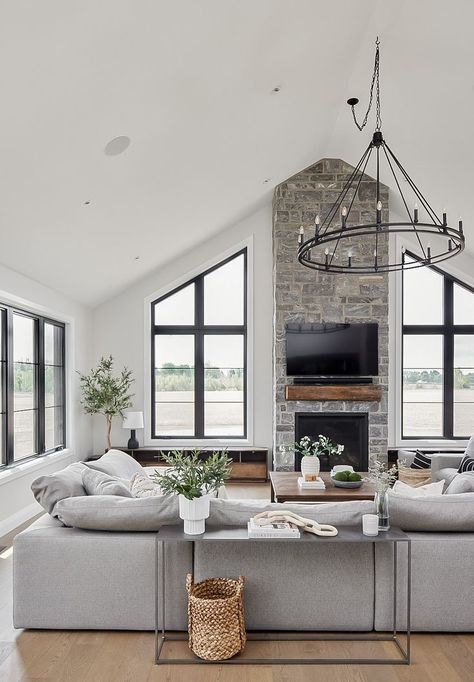 Gray Sectional Living Room, Cathedral Ceiling Living Room, Organic Modern Decor Kitchen, Modern Decor Kitchen, Gray Living Room Design, Vaulted Ceiling Living Room, High Ceiling Living Room, Transitional Living Rooms, Modern Bedroom Decor