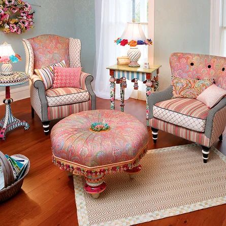 Mackenzie Childs End Table with Storage | Wayfair Downstairs Ideas, Wonderland Room, Mackenzie Childs Furniture, Victorian Manor, Wing Chairs, Mackenzie Childs Inspired, Musical Chairs, Mckenzie And Childs, Parlor Chair