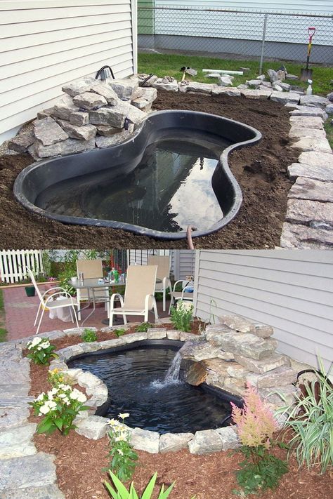 Diy Pond Ideas, Small Garden Patio, Patio Water Feature, Small Backyard Ponds, Diy Ponds Backyard, Backyard Waterfall, Taman Air, Backyard Ponds, Outdoor Ponds