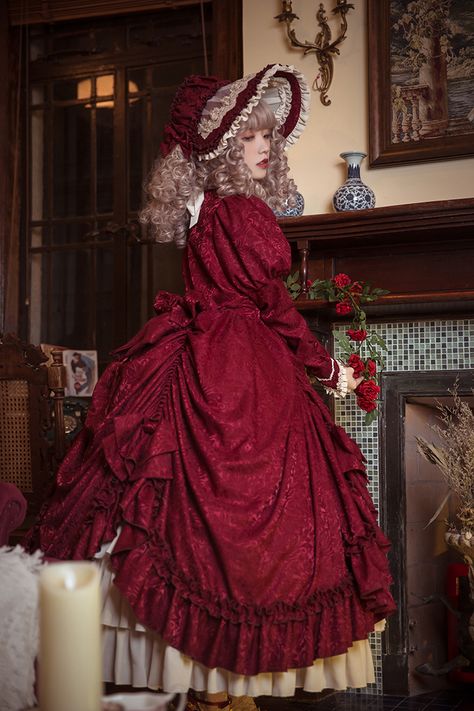 Red Frilly Dress, Phighting Ocs, Red Victorian Dress, Pink Purple Dress, Old Dress, Special Dress, Dark Green Dress, Op Dress, Period Dress