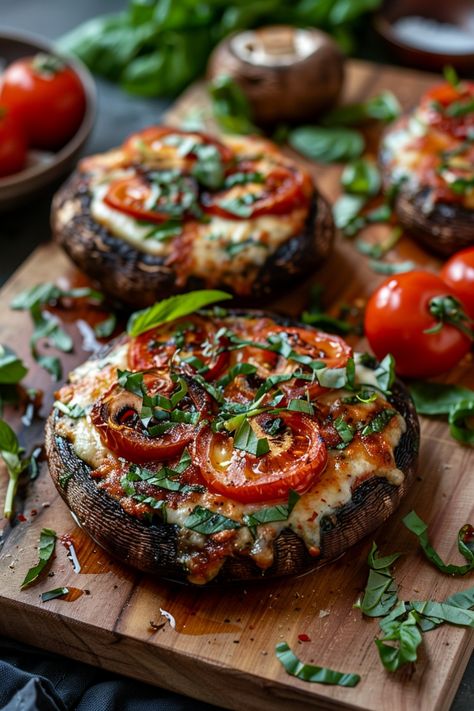 Stuffed portobello mushrooms topped with melted cheese, tomatoes, and fresh basil on a wooden board. Stuffed Pizza Mushrooms, Mushroom Recipes Appetizer, Fancy Healthy Dinner, Vegan Tomato Recipes, Christmas Recipes Savory, Portobello Mushroom Recipes Healthy, Fancy Vegetables, Italian Mushrooms, Stuffed Mushroom Recipes