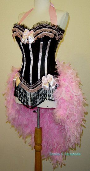 Elegant burlesque style costume made with a black bodice base accented with lots of pink ribbon and lace. Bodice is boned with hook and eye closure s Feather Costume, Burlesque Fashion, Burlesque Outfit, Showgirl Costume, Burlesque Corset, Single Dress, Womens Costumes, Burlesque Costumes, Burlesque Costume