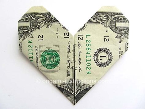 DIY Money Origami - Money Origami Heart - Step by Step Tutorials for Star, Flower, Heart, Buttlerfly, Animals. Tree, Letters, Bow and Boxes - Cute DIY Gift Ideas for Birthday and Christmas Cards - DIY Projects and Crafts for Teens http://diyprojectsforteens.com/diy-money-origami Hart Origami, Money Origami Heart, Easy Money Origami, Easy Origami Heart, Origami Money, Folding Money, Dollar Origami, Dollar Bill Origami, Origami Decoration