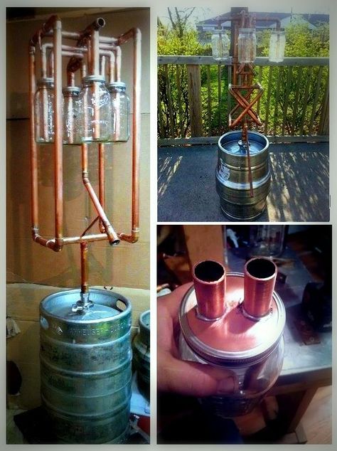 This is a great example of a Pot thumper keg still it's homemade and looks awesome. Homemade Still, Moonshine Still Plans, Copper Moonshine Still, Homemade Moonshine, Alcohol Still, Home Distilling, Distilling Alcohol, How To Make Moonshine, Whiskey Still