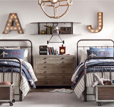 Shared Boys Rooms, Design Ložnic, Restoration Hardware Baby, Two Twin Beds, Striped Duvet Covers, Twin Beds, Iron Bed, Boys Bedroom Decor, Boy Bedroom