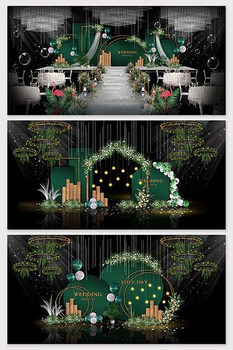 Wedding Backdrop Design Emerald Green, New Wedding Decorations 2023, Green Stage Design, Dark Green Decorations Party, Green Decoration Wedding, Green Event Decor, Emerald Green Backdrop, Forest Dark Green, Romantic Forest