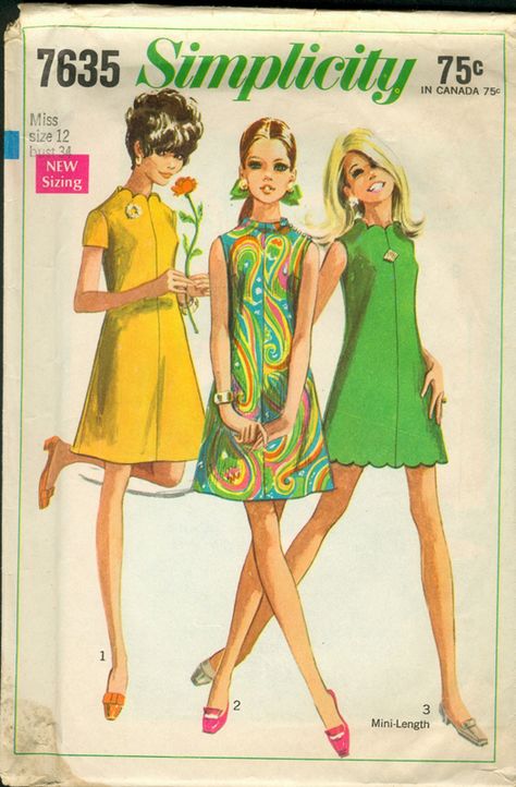 Simplicity 7635 Old Sewing Patterns, Neckline Sewing, Mini Dress Pattern, 70s Mode, 1960s Mini Dress, Style Année 60, Simplicity Patterns Dresses, 1960s Dresses, 1960 Fashion